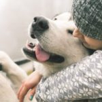 Image of young girl with her dog, alaskan malamute, outdoor